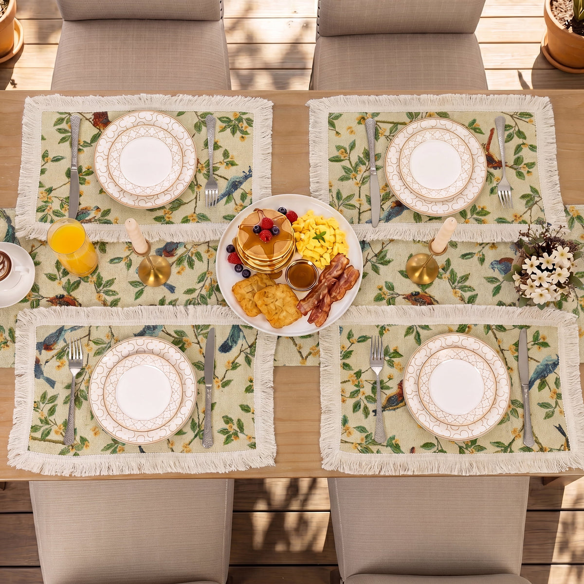 MeyJey Table Runner and Placemats Set of 4, Washable Fabric Rectangle Dining Table Mats with Tassels for Dining Tables, Kitchen, Red/Beige