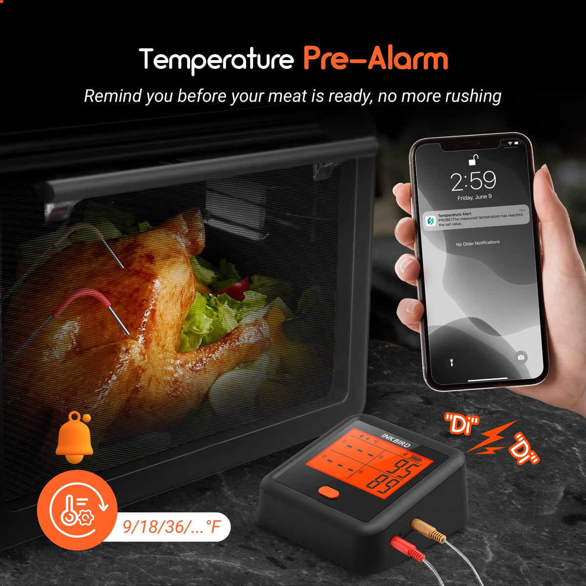 INKBIRD Bluetooth Meat Thermometer for Grilling and Smoking, Grill Thermometer with 4 Meat Probes, Stepless Dimming Backlit LCD, Free App Control, Temperature Pre-Alarm,Temperature Alarms