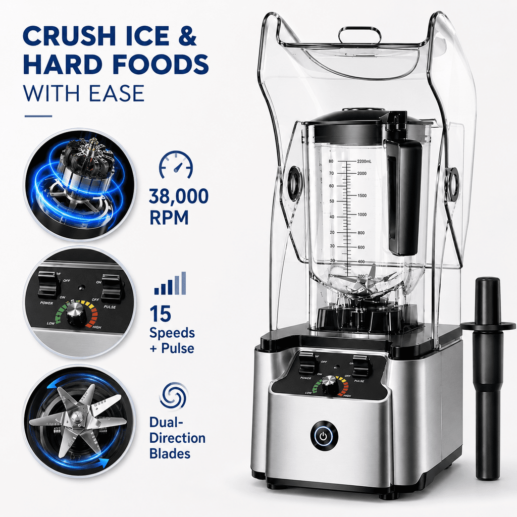 WantJoin Blender-Commercial Blender with Soundproof Shield, Enclosure 2200W ,Quiet Professional-Grade Power,Self-Cleaning,Gray