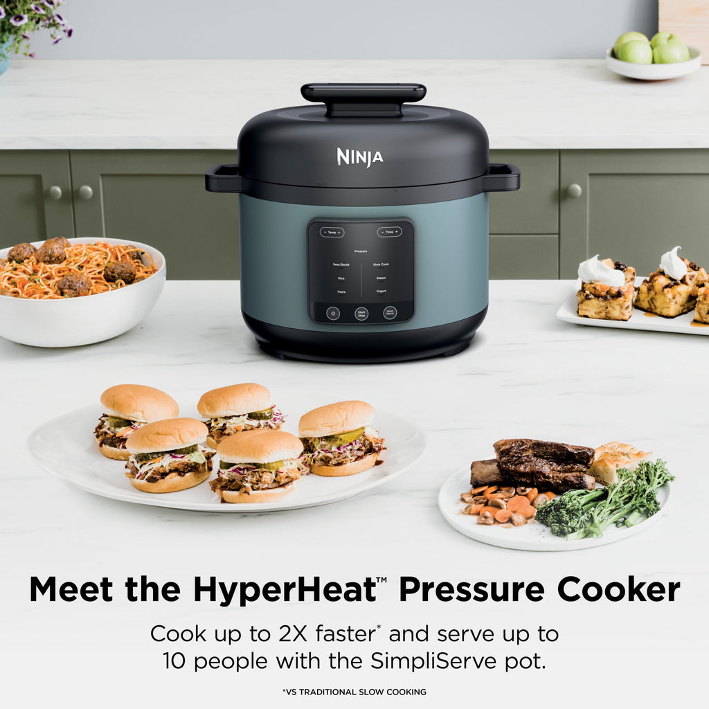 Ninja HyperHeat 8-in-1 Electric Pressure Cooker with SimpliServe Pot — 6.5 Qt, Cooks Up to 2X Faster, 1200W, Feeds 8–10, Sage Leaf