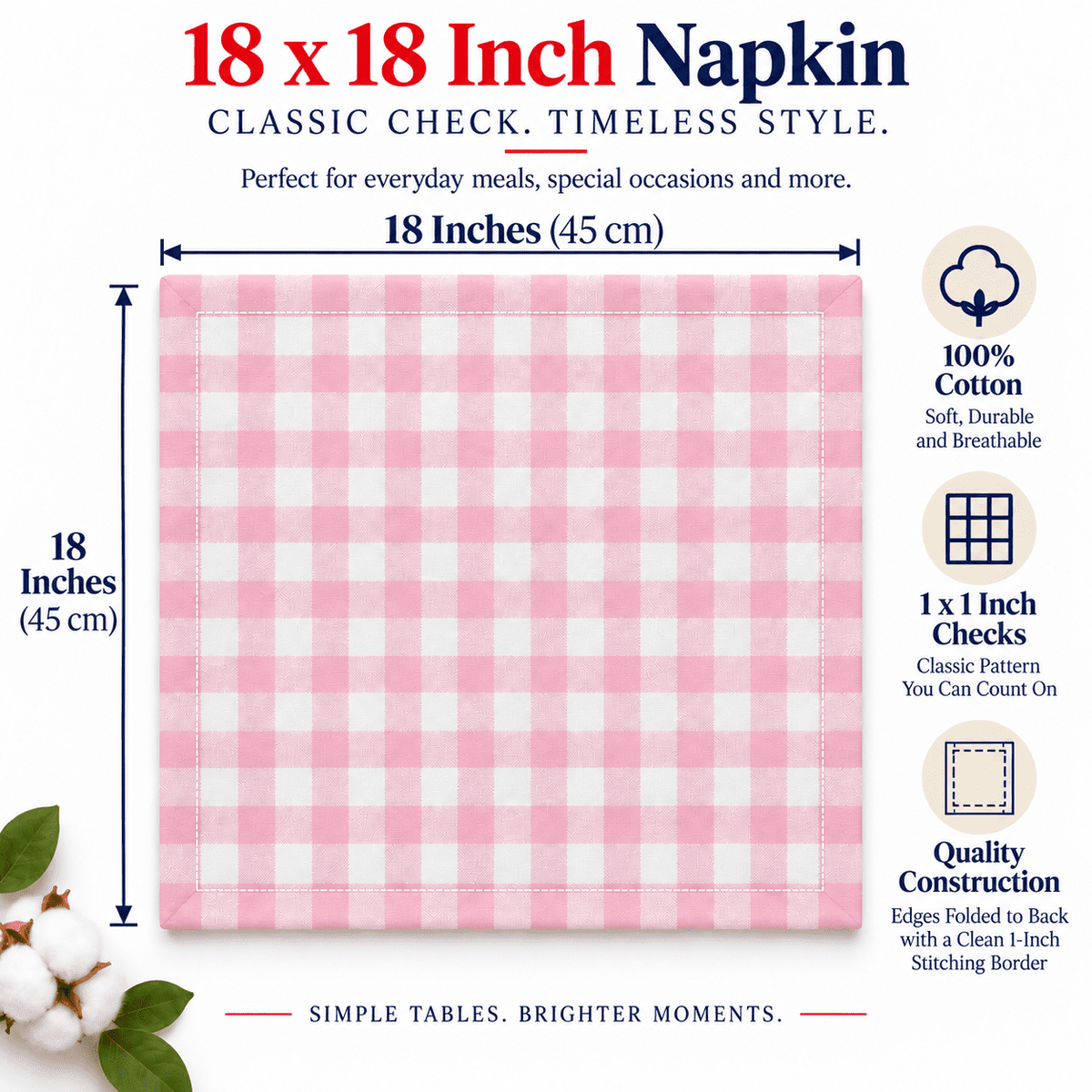 GFI LINEN CLUBS 100% Cotton Gingham Cloth Dinner Napkins, 18 x 18 in, Set of 12, Baby Pink & White