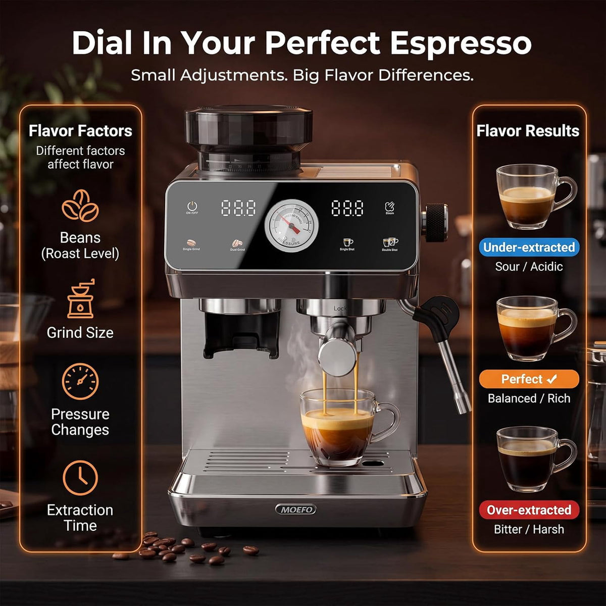 MOEFO Espresso Machine with Grinder, 20 Bar Programmable Semi-Automatic Coffee Maker, Visual Pressure Gauge & Touchscreen, Compact Design with 44-Grind Settings, Make Americano, Latte