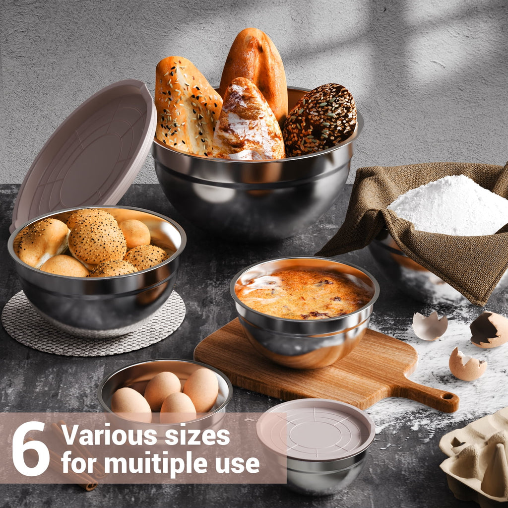 Stainless Steel Mixing Bowls Set, TINANA 6 Pack Mixing Bowls with Lids, Metal Nesting Storage Bowls for Kitchen, 4.5/3/2.5/2/1.5/0.75QT, Great for Prep, Baking, Serving, Multicolor