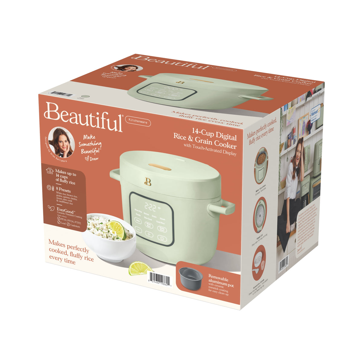 Beautiful 14-Cup Cooked, 6-Cups Uncooked Electric Rice and Grain Cooker, EverGood Ceramic Nonstick Coating, Thyme Green by Drew Barrymore