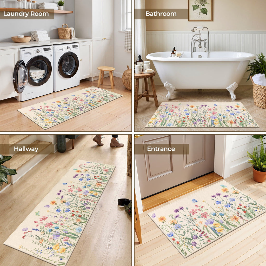 Findosom Floral Non-Slip Kitchen Rugs Set of 3,Washable Kitchen Mat Farmhouse Kitchen Floor Mats Runner for Home Sink Entrance Laundry Hallway,20"x32"+20"x47"+20"x59" Beige