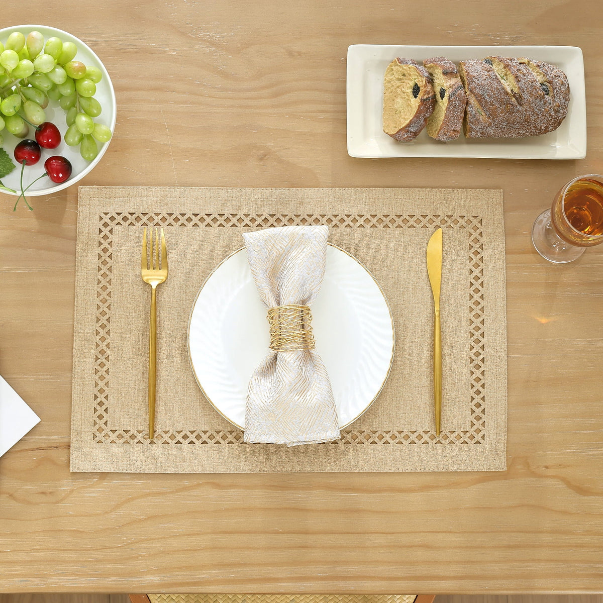 Placemats Set of 4, Yamaziot Double Layer Cloth Fabric Heat Resistant Place Mat, Washable Reversible Rectangle Dining Table Mats, Hollow Khaki, 12"x18"