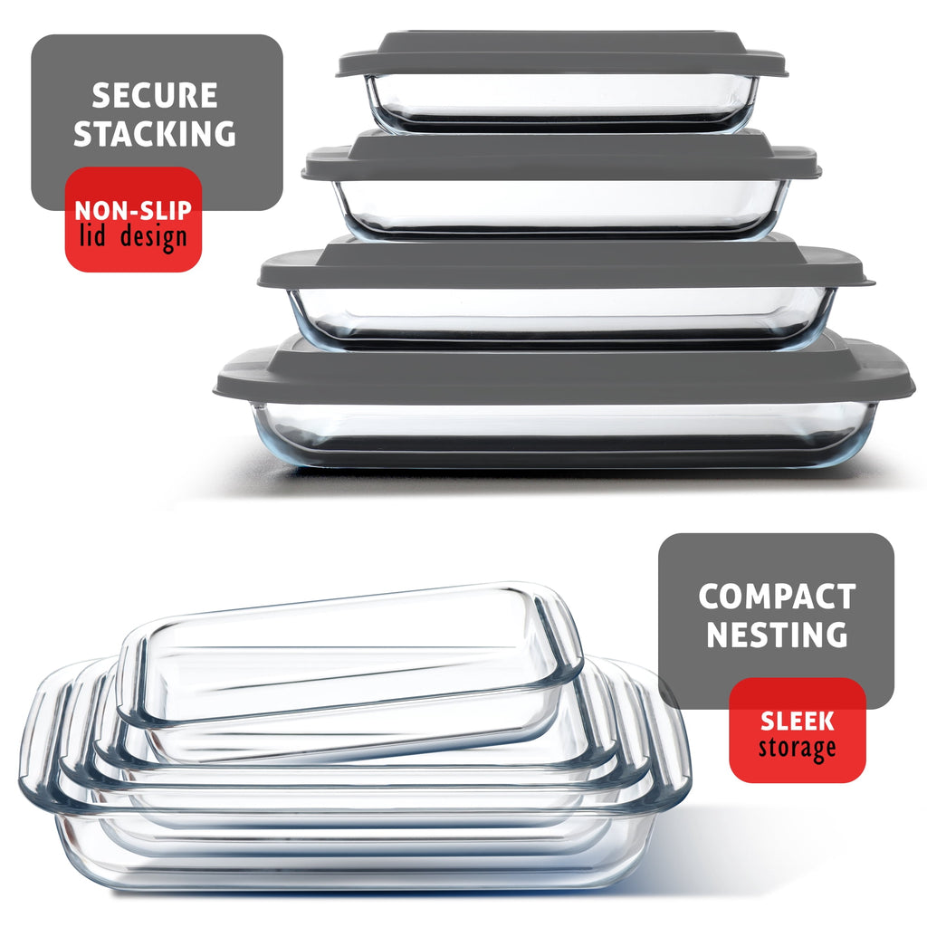 Virtu Casserole Glass Baking Dish, 8pc Stackable Glass Food Storage Containers with Airtight Lids and Grip Handles, Black