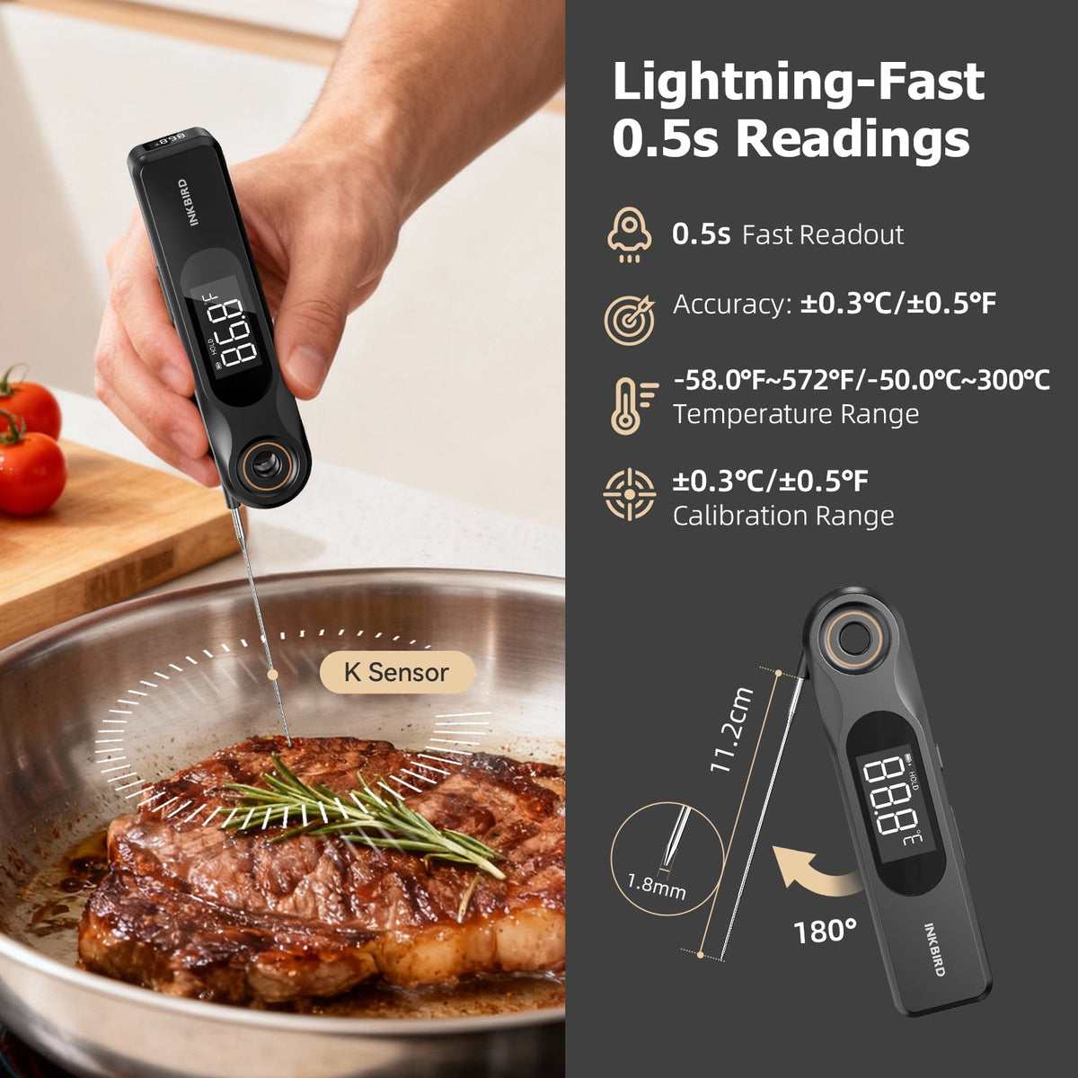 INKBIRD Meat Thermometer with Stainless Steel Probe and LCD Display, Foldable Probe Instant Read Waterproof Digital Food Thermometer , -58°F to 572°F
