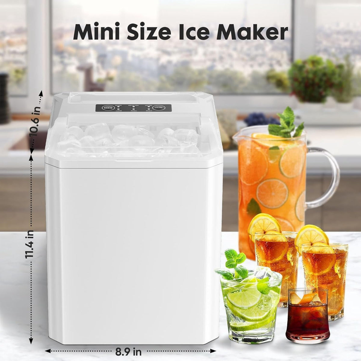 Ice Maker, Portable Countertop Icemaker Machine, Self Cleaning Quiet 2 Sizes Bullet Cubes Makers, 9 Cubes in 6 Mins, 26lbs/24Hrs with Ice Scoop, Basket for Home Kitchen Party,White