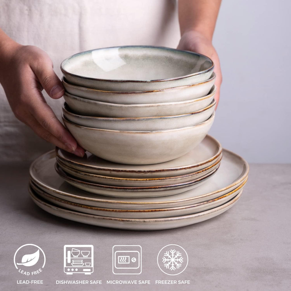 AmorArc Ceramic Cereal Bowls Set of 6, 24 oz Handmade Stoneware Bowls Set for Cereal Soup Salad, Stylish Kitchen bowls for Meal, Dishwasher & Microwave Safe, Reactive Glaze-Pearl White