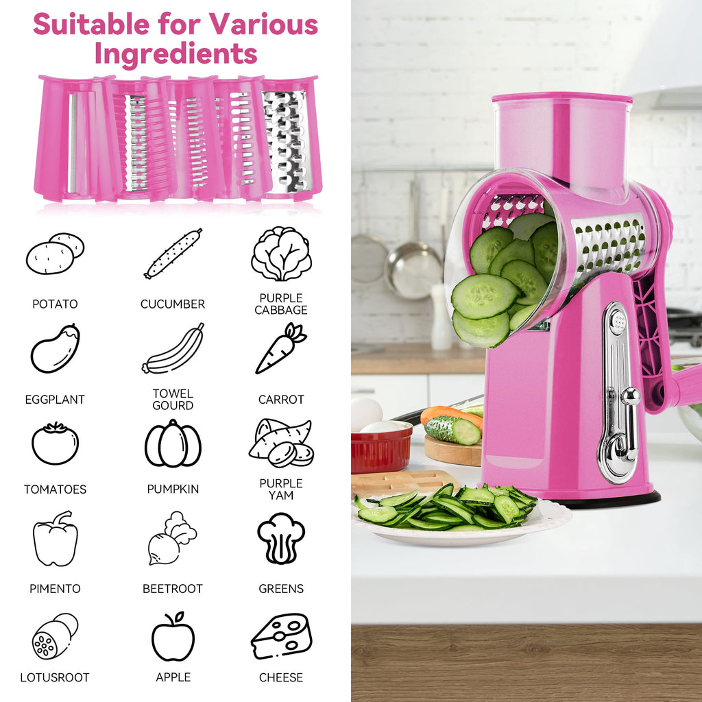 Pukomc Rotary Cheese Grater with Handle- 5 Blades, Suction Base, Mandoline Slicer & Veg Shredder with Blade Storage Box(Green)