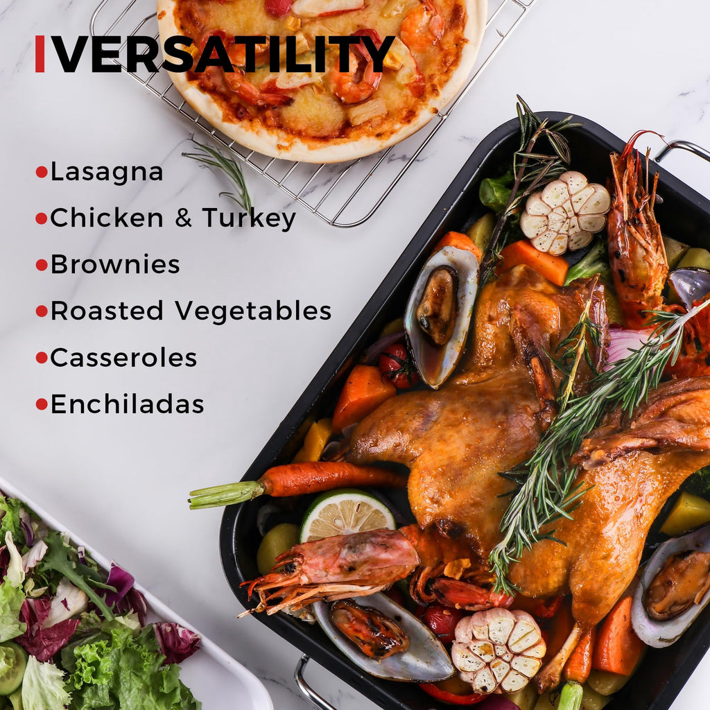 HONGBAKE Small Roasting Pan with Flat Rack, 16"x11.5" Nonstick Turkey Pan for Oven, Chicken Roaster Tray , Baking Pans for Cooking Lasagna with Stainless Steel Handles