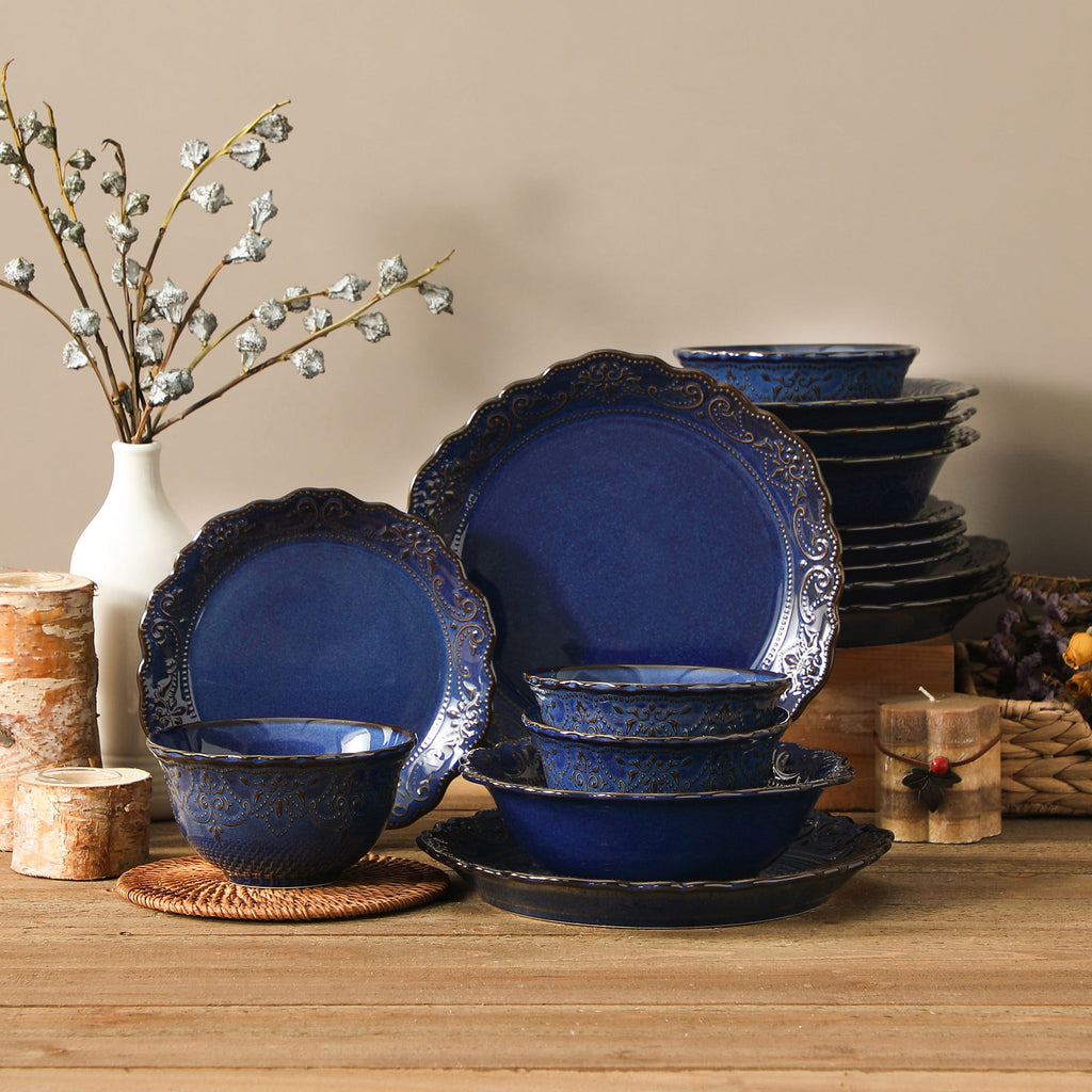 vancasso 16 pcs Dinnerware Sets, Plates and Bowls Set for 4, Stoneware Dinner Set, Blue