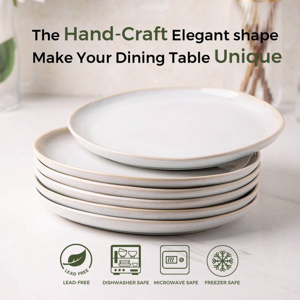 AmorArc Ceramic Plates Set of 6, 8.5 Inch Handmade Reactive Glaze Stoneware Plates set for Dessert, Salad, Appetizer, Dinner, Microwave & Dishwasher Safe, Scratch Resistant-Pearl White