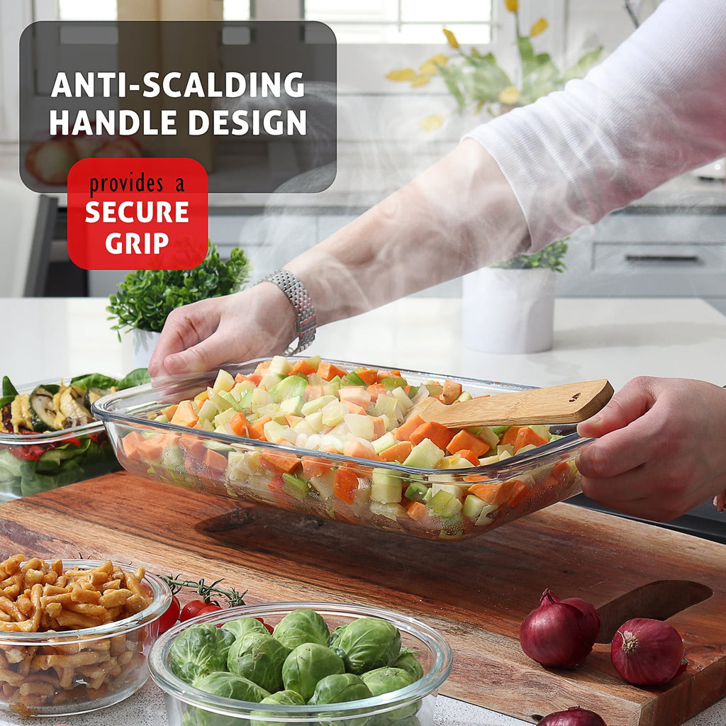 Virtu Casserole Glass Baking Dish, 8pc Stackable Glass Food Storage Containers with Airtight Lids and Grip Handles, Black