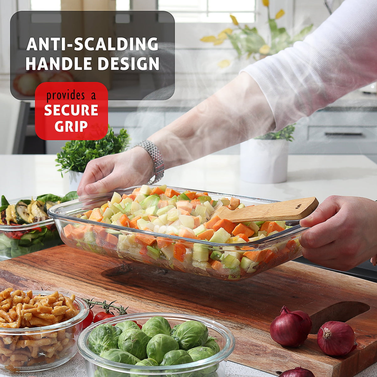 Virtu Casserole Glass Baking Dish, 8pc Stackable Glass Food Storage Containers with Airtight Lids and Grip Handles, Black