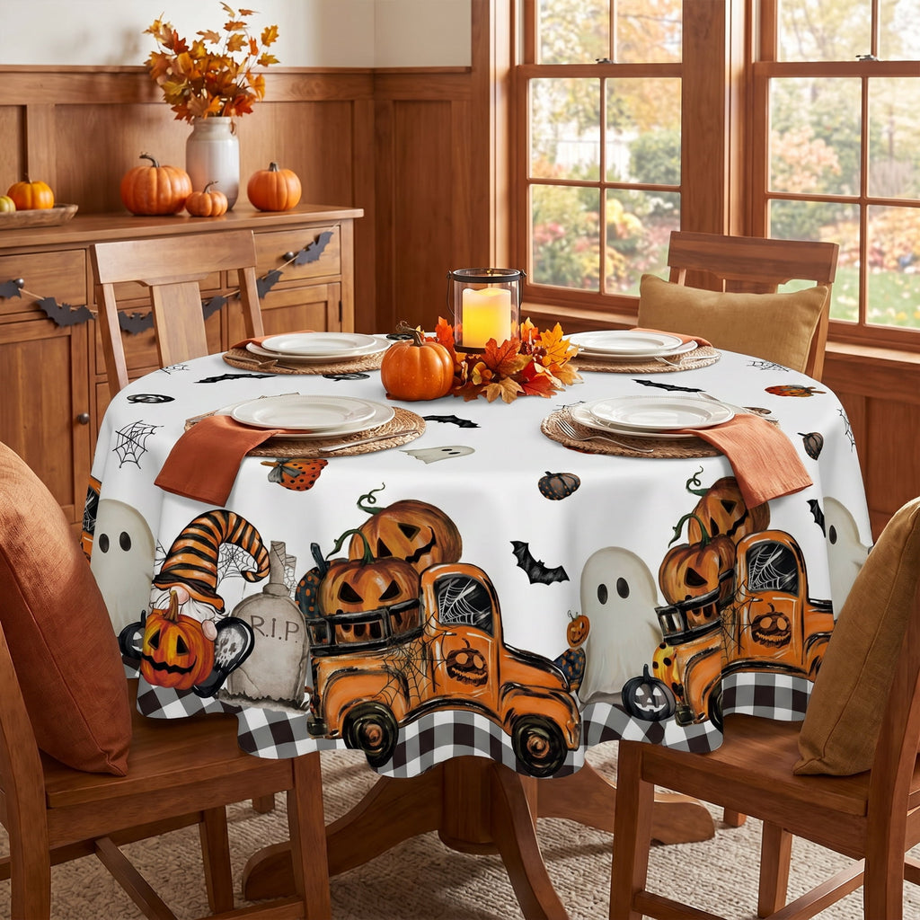 Sm:)e Truck Jack O Lantern Pumpkin Bat Buffalo Plaid Halloween Tablecloth 60 x 84 Inch, Wrinkle-Resistant Table Cover for Dining Decor, Rectangle