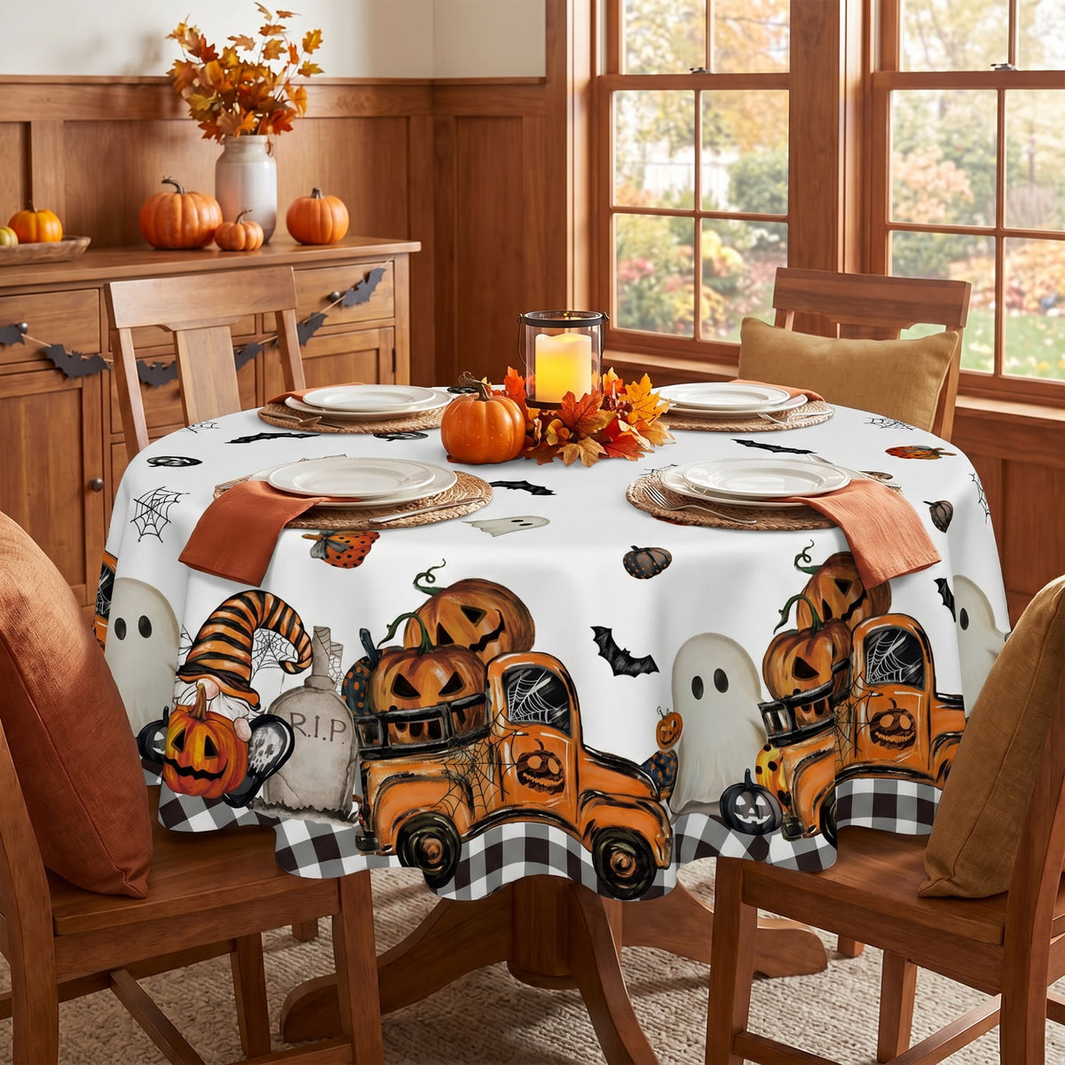 Sm:)e Truck Jack O Lantern Pumpkin Bat Buffalo Plaid Halloween Tablecloth 60 x 84 Inch, Wrinkle-Resistant Table Cover for Dining Decor, Rectangle
