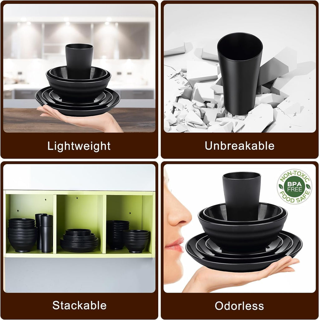 Bestdin Black Dinnerware Set for 4, 16 Pieces Plastic BPA-Free Dinner Plates, Salad Plates, Cereal Bowls, Cups, Unbreakable Plates and Bowls Sets for Kitchen, Microwave and Dishwasher Safe