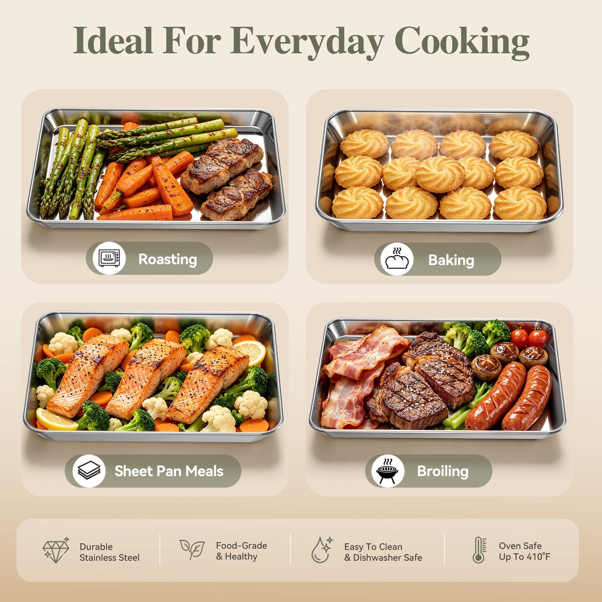 TINANA Stainless Steel Baking Sheet Pan Set, 3 Pack 16/13/10 Inch Cookie Sheets, Mirror Finish, Oven and Dishwasher Safe