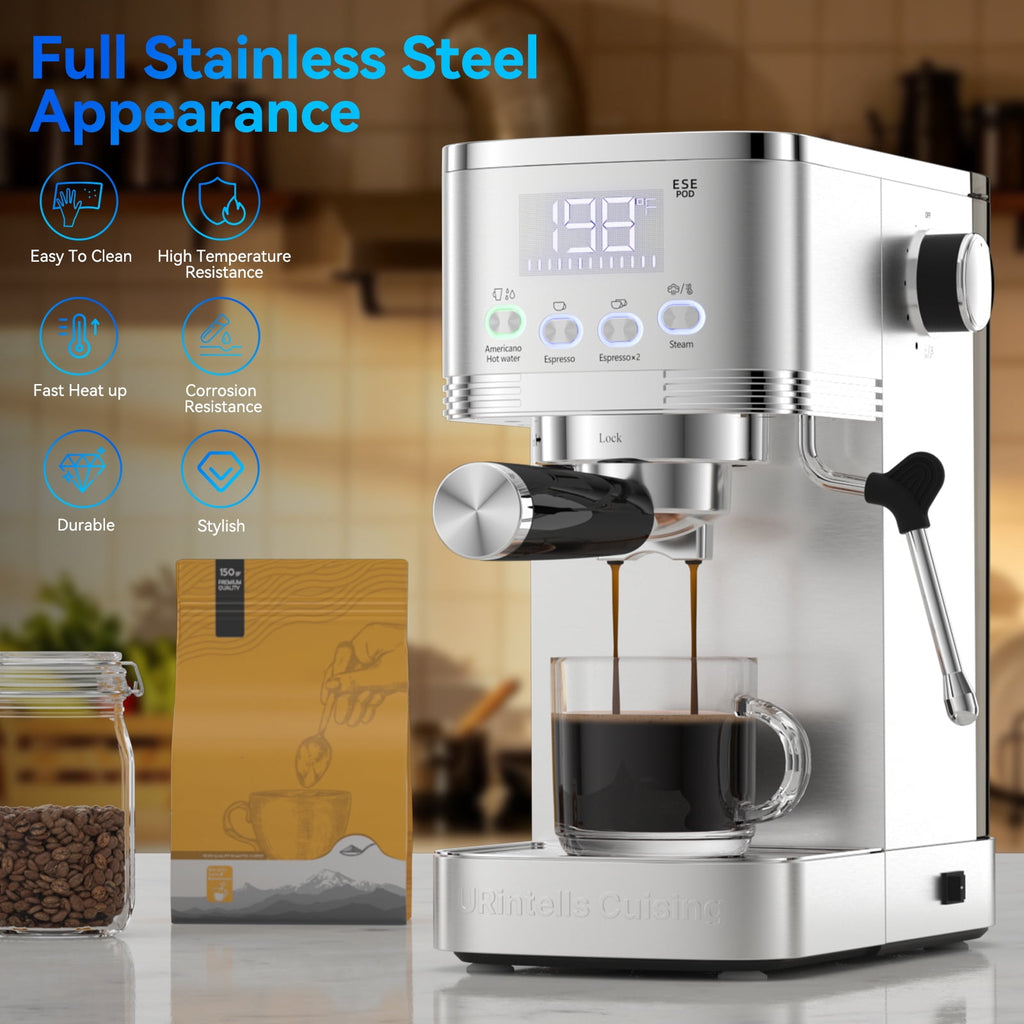 URintells Cuising 20 Bar Espresso Machine with Milk Frother, Built-in Timer, 1350 W Coffee Maker for Cappuccino, Latte & Americano
