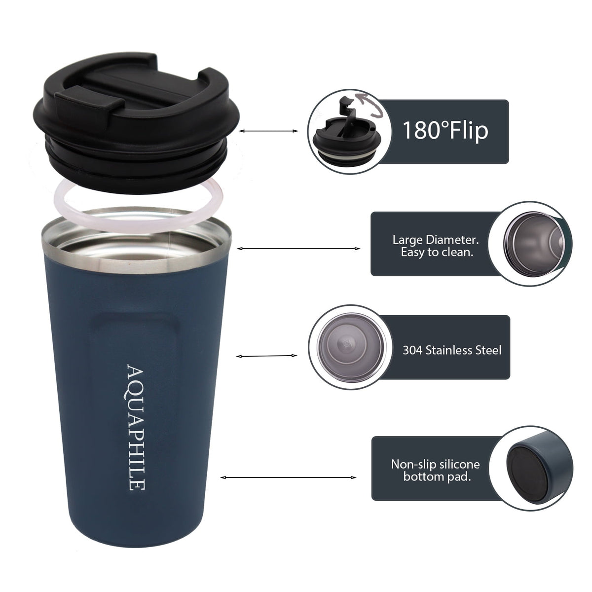 Aquaphile 17oz Coffee Mug to Go Stainless Steel Thermos Double Wall Insulated Coffee Cup Reusable Travel Mug with Leak proof Lid, White