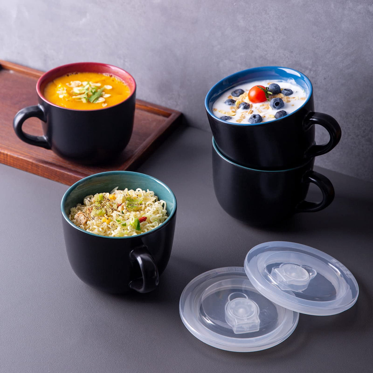 AmorArc Ceramic Soup Mugs with Lid, 24 oz Soup Cups with Hanlde for Coffee,Cereal,Salad,Noodles,Tea,Soup Bowls Cups,Microwave &Dishwasher Safe, Set of 4, Blue with Vented lid
