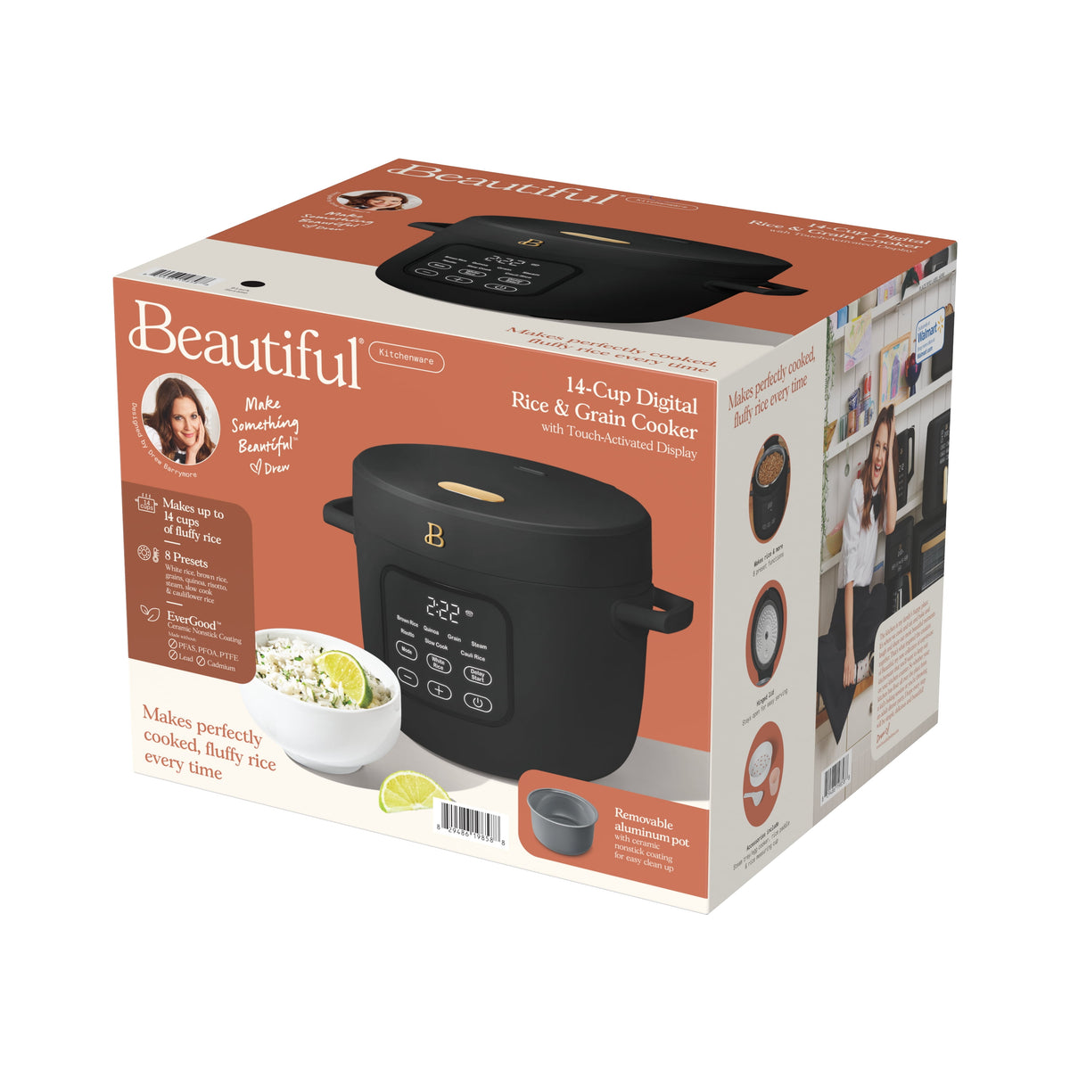 Beautiful 14-Cup Cooked, 6-Cups Uncooked Electric Rice and Grain Cooker, EverGood Ceramic Nonstick Coating, Thyme Green by Drew Barrymore