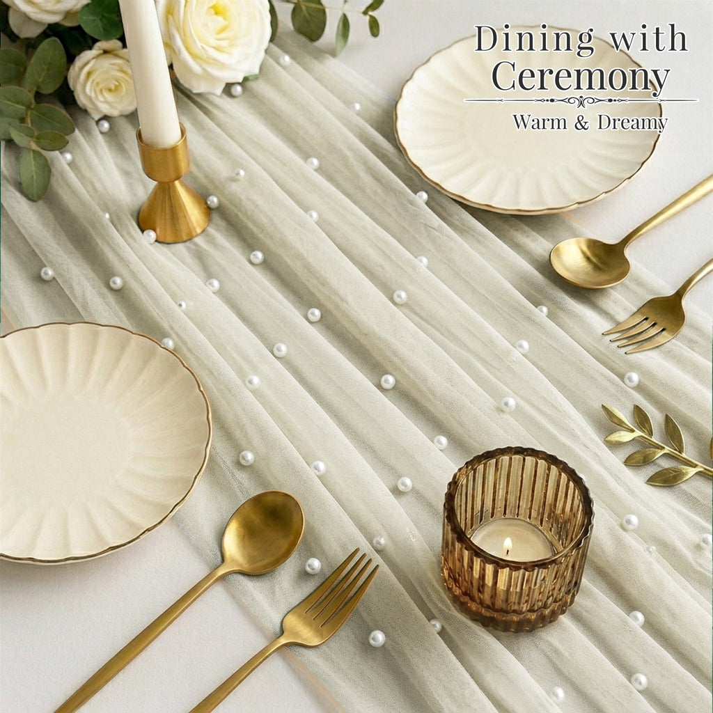 Inosoo Pearl Gauze Table Runner 30x120 inch, 10FT Sheer Tulle Table Decor with Shatterproof Pearls for Wedding Party Dining, White
