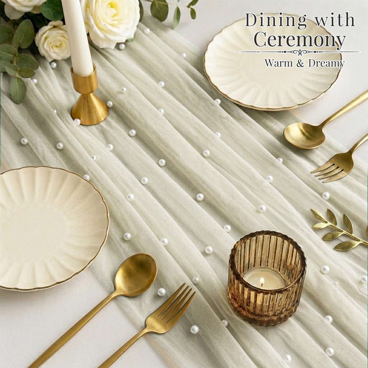 Inosoo Pearl Gauze Table Runner 30x120 inch, 10FT Sheer Tulle Table Decor with Shatterproof Pearls for Wedding Party Dining, White