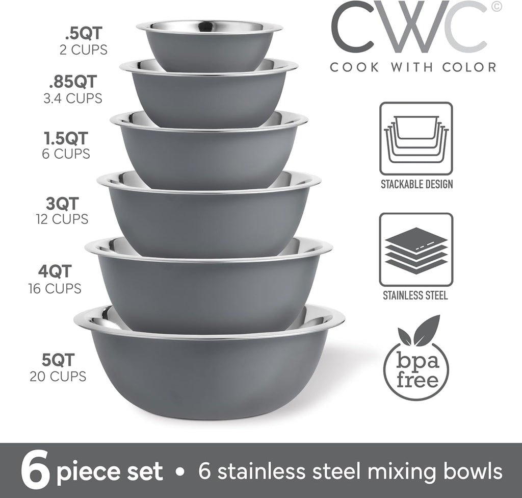 COOK WITH COLOR Mixing Bowls Set of 6, Stainless Steel Mixing Bowls, Metal Nesting Bowls for Kitchen, Sage Green