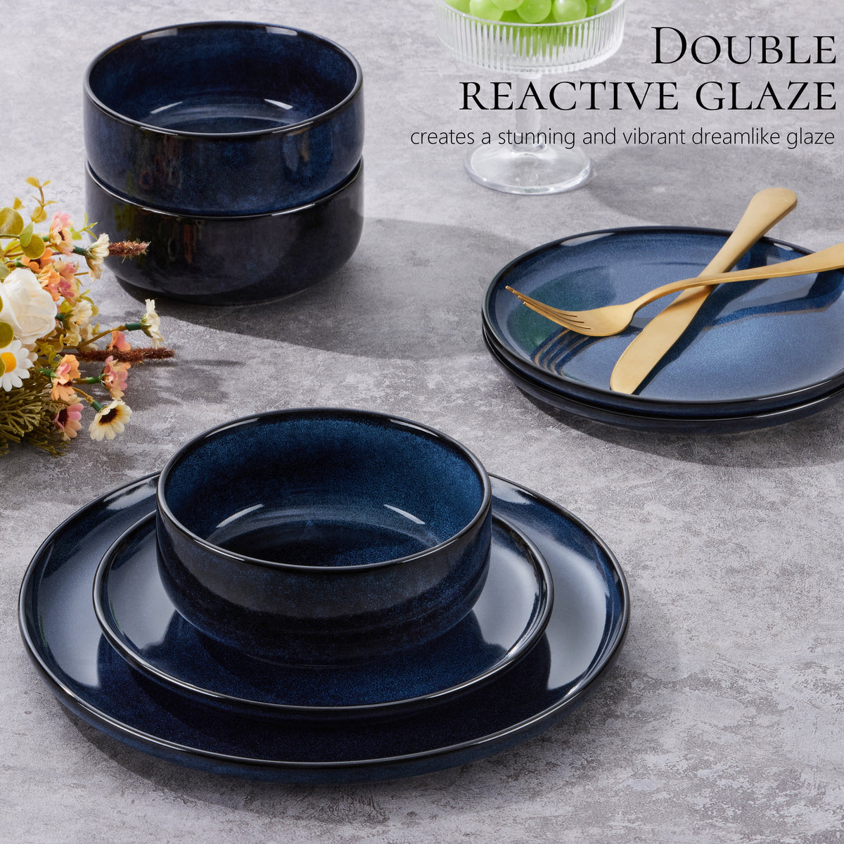 Vesteel Dinnerware Sets for 4, 12-Piece Stoneware Dish and Bowls Set, Handmade Reactive Glaze Coupe Plates Set for Family, Chip & Scratch Resistant - Matte Black