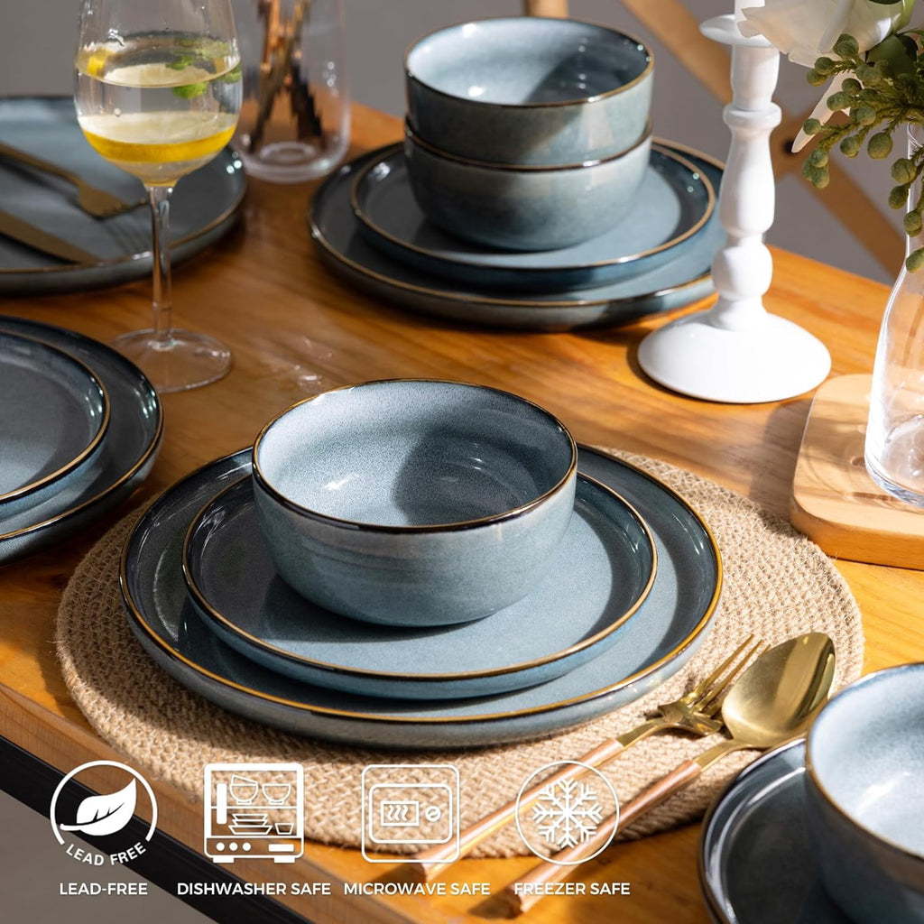 AmorArc Ceramic Dinnerware Sets for 4, 12 Pieces Stoneware Plates and Bowls Sets, Reactive Glaze Dishes -Scratch Resistant, Dishwasher&Microwave Safe, Space Blue (Service for 4)