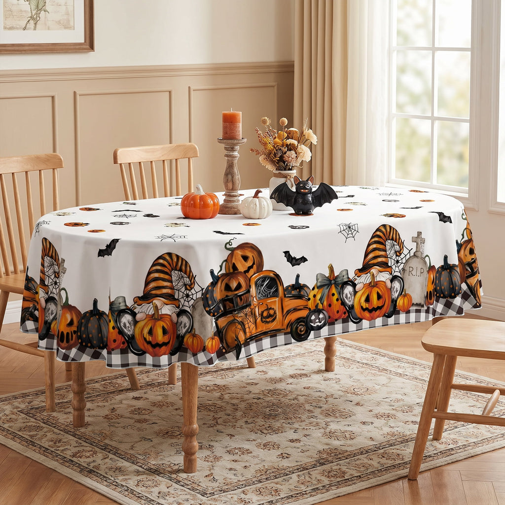 Sm:)e Truck Jack O Lantern Pumpkin Bat Buffalo Plaid Halloween Tablecloth 60 x 84 Inch, Wrinkle-Resistant Table Cover for Dining Decor, Rectangle