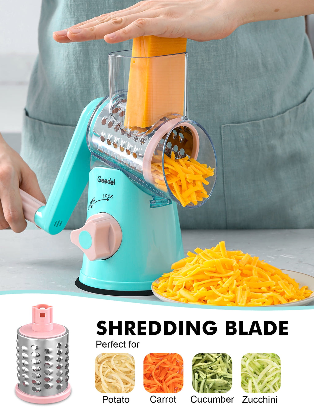 Geedel Rotary Cheese Grater, Kitchen Grater with Strong Suction Base, Dishwasher Safe, Easy to Clean Grater for Cheese,Vegetable, Nuts (3 Blades)