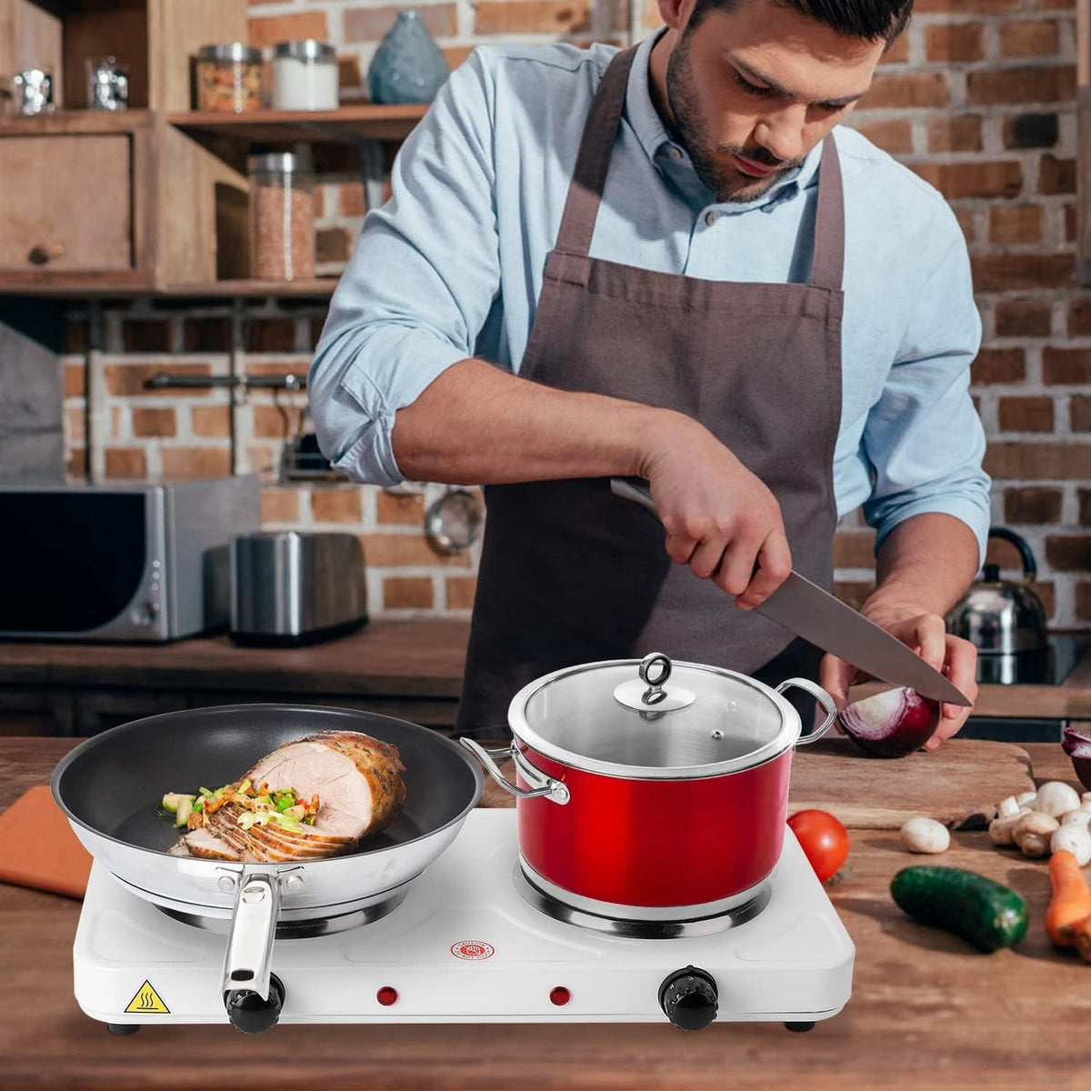 Electric Countertop Double Burner for Cooking, Portable 2000W Countertop Cast Iron Stove Burner, Hot Plate Temperature Controls with 5 Adjustable for RV/Home/Camp, Black