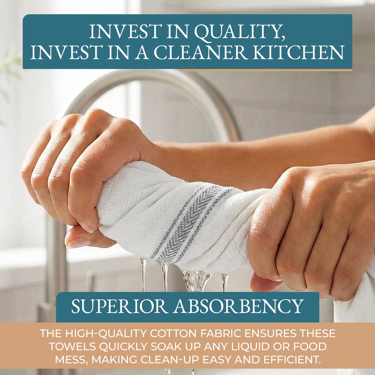 Kitchen Towels Set - 100% Pure Cotton Super Absorbent Hand Towel, Grey Tea Towels, Soft & Durable, Pack of 12 – 15”x25”, Grey Stripe
