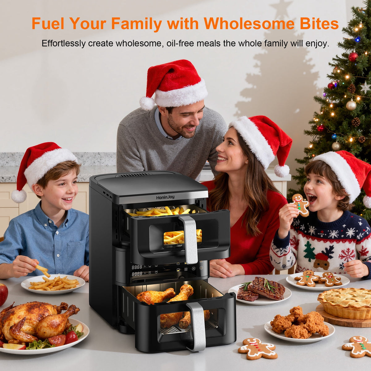HoninJoy 13 QT Stack Double Basket Air Fryer, Space Saving Design, 10-in1 Air Fryer, Roast, Bake & More, Easy to Clean, Dishwasher Safe Parts