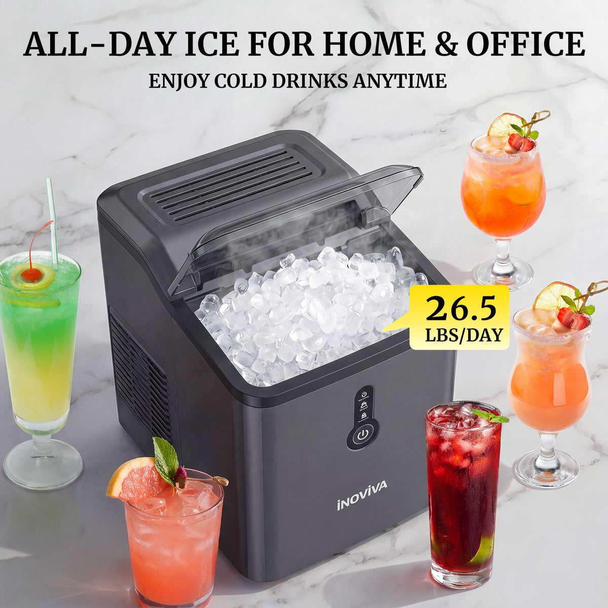 Inoviva Countertop Nugget Ice Maker, 26.5LBS/Day, Ice Ready in 6 Mins, One-Click Self-Cleaning for Home, Office & RV