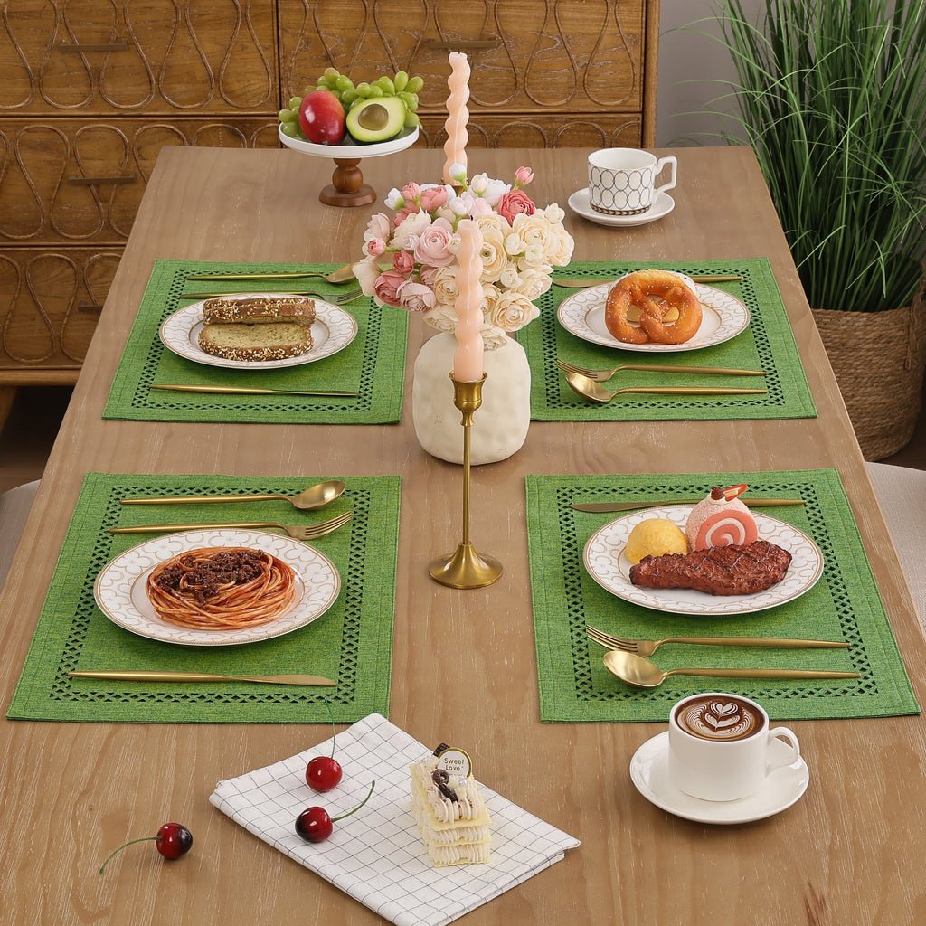 Placemats Set of 4, Yamaziot Double Layer Cloth Fabric Heat Resistant Place Mat, Washable Reversible Rectangle Dining Table Mats, Hollow Khaki, 12"x18"