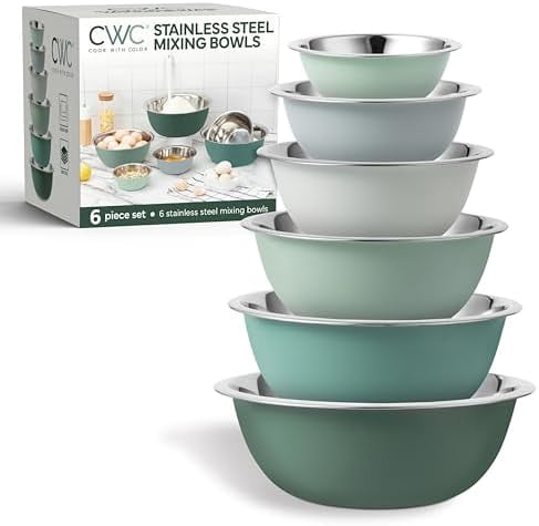 COOK WITH COLOR Mixing Bowls Set of 6, Stainless Steel Mixing Bowls, Metal Nesting Bowls for Kitchen, Sage Green