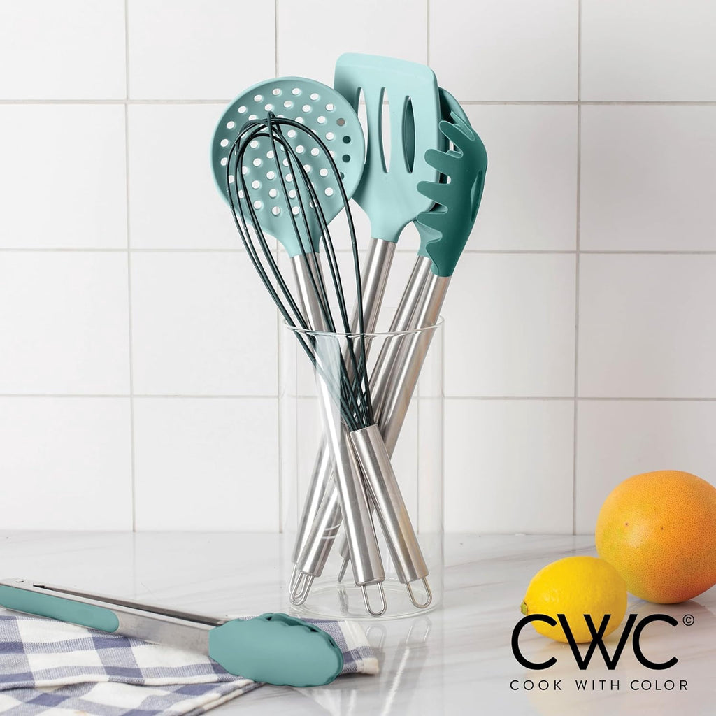 COOK WITH COLOR Kitchen Utensils Set, 10-Piece Cooking Utensils with Holder, Teal