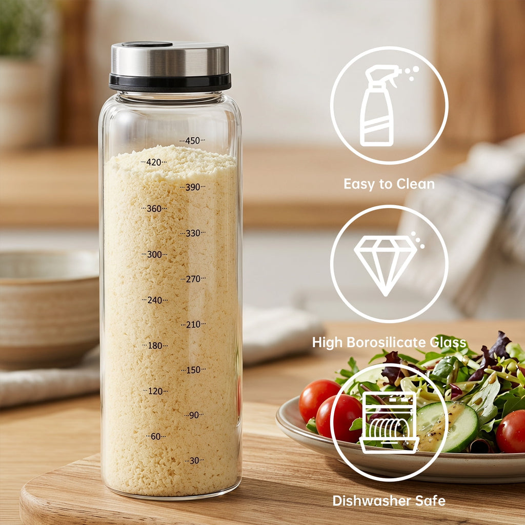 NiHome 2-Pack 10oz Spice Shakers with Adjustable Stainless-Steel Lids for Parmesan Cheese, Chili Flakes, Herbs, Salt, Pepper, Borosilicate Glass Seasoning Dispensers, Easy Refill and Dishwasher Safe