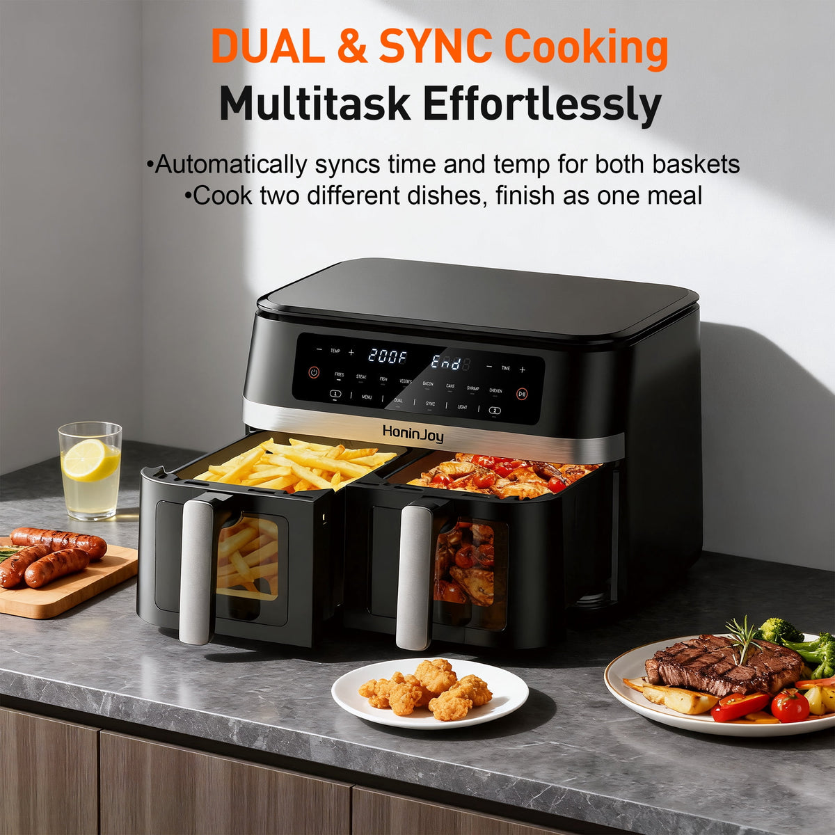HoninJoy 12 QT Large Dual Basket Air Fryer, With Visible Cooking Window( 50PCS Air Fryer Liners Included)-New