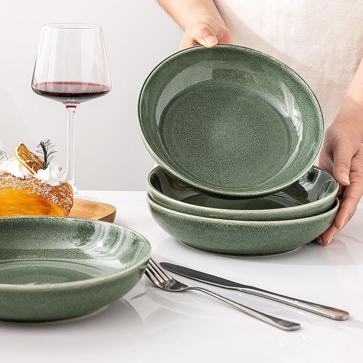 AmorArc 8.5'' Large Ceramic Pasta Bowls Set, 36oz Stoneware Bowls Set of 6 for Kitchen, Reavtive Glaze Bowls-Microwave,Dishwasher Safe for Pasta,Salad,Oatmeal-Ceylon Blue