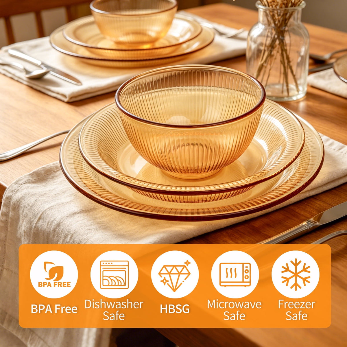 TINANA 12 Piece Amber Glass Dinnerware Set, Stackable Plates and Bowls Set, Service for 4, Microwave & Dishwasher Safe