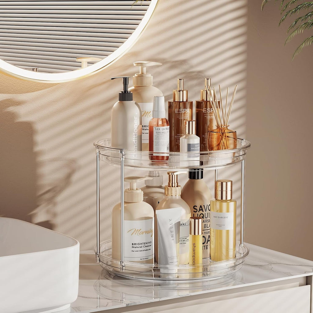 ROSSNY 2 Pack 9.25" 2-Tier Lazy Susan Turntable Organizer Countertop Kitchen Organization and Storage Spice Rack Bathroom Vanity Holder, Clear