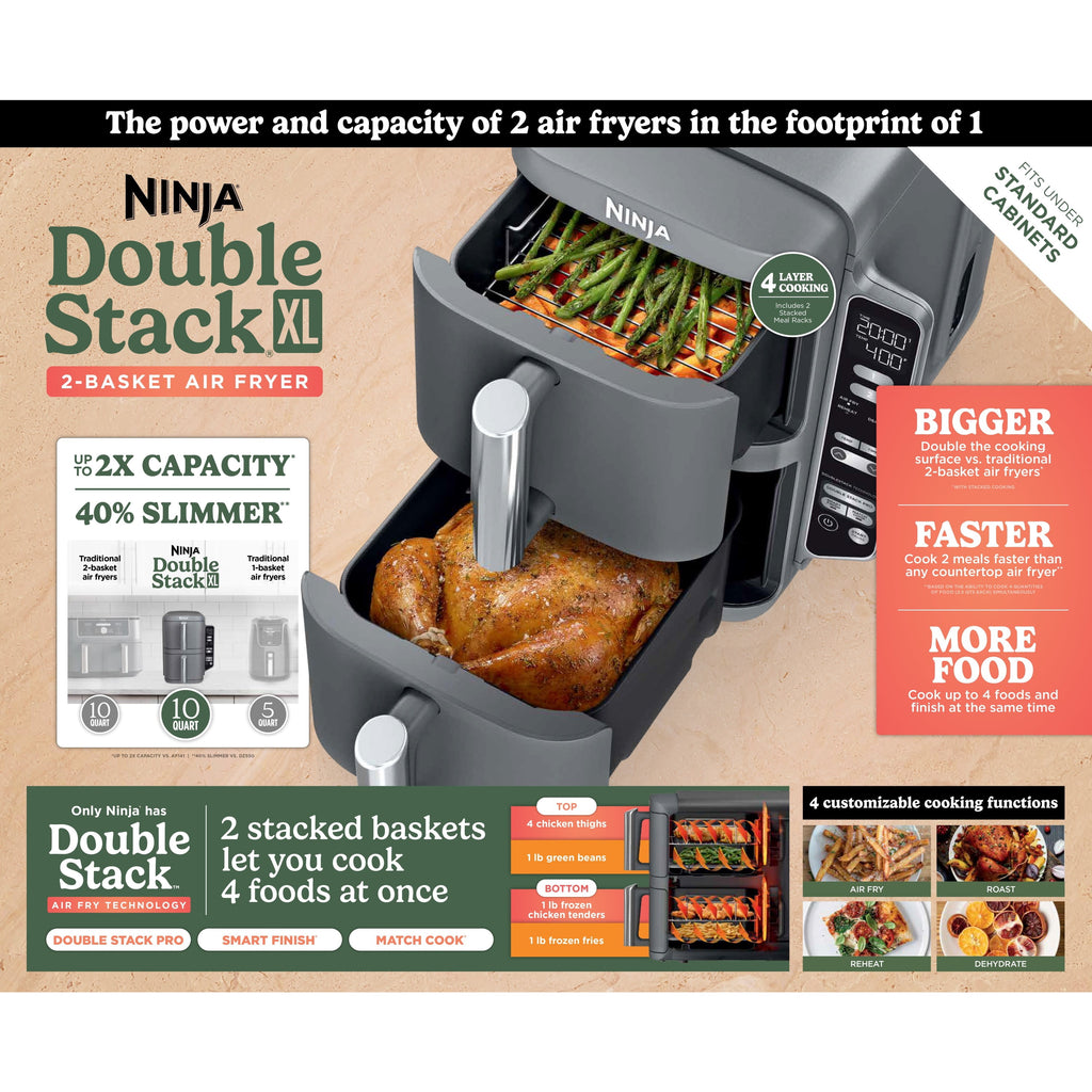 Ninja DoubleStack Air Fryer 8-Qt, 2 Baskets, Cook 4 Foods at Once, Space Saving, 4-in-1, SL200 Black