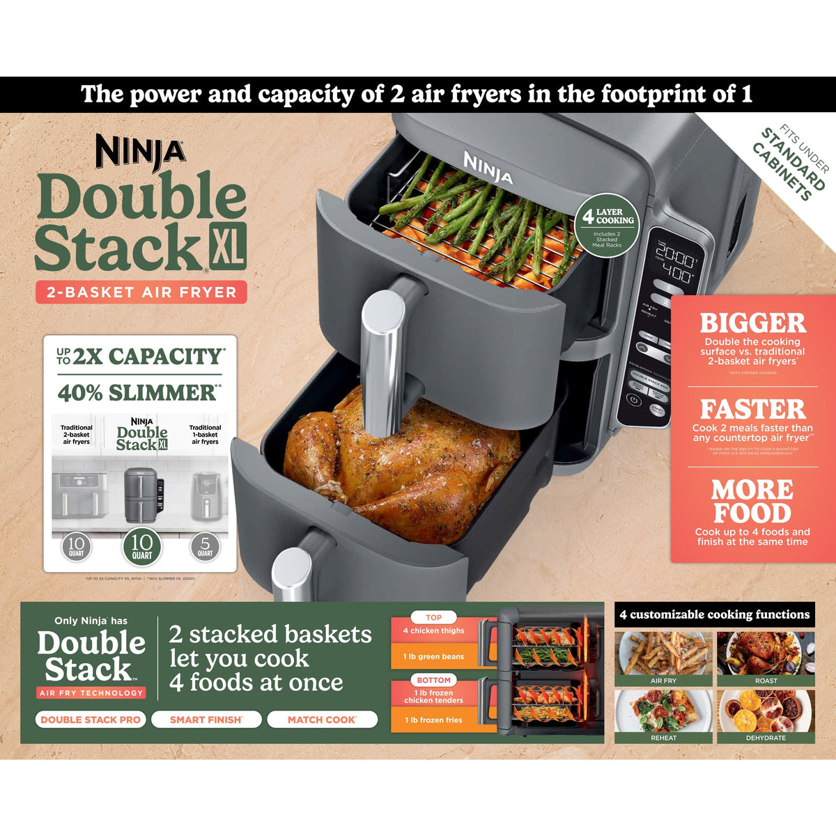 Ninja DoubleStack Air Fryer 8-Qt, 2 Baskets, Cook 4 Foods at Once, Space Saving, 4-in-1, SL200 Black