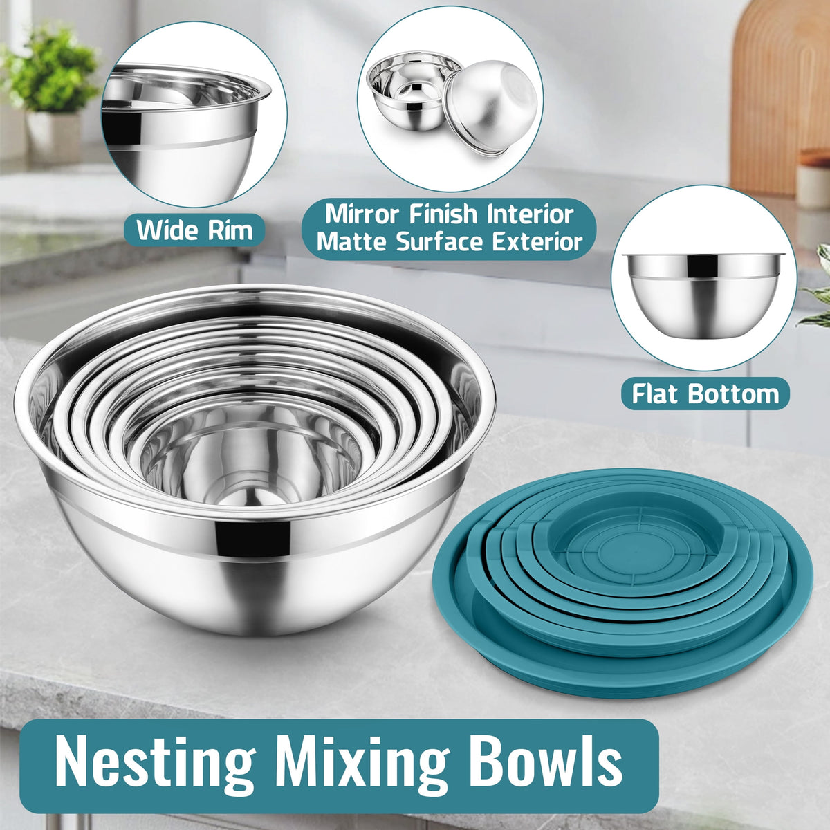Mixing Bowls with Lids Set of 9, Vesteel Stainless Steel Mixing Bowls Metal Nesting Salad Bowls Attach with 3 Graters for Kitchen Grating/ Shredding, Size 4.6, 2.6, 2, 1.5, 1, 0.7 QT - Multi-Color